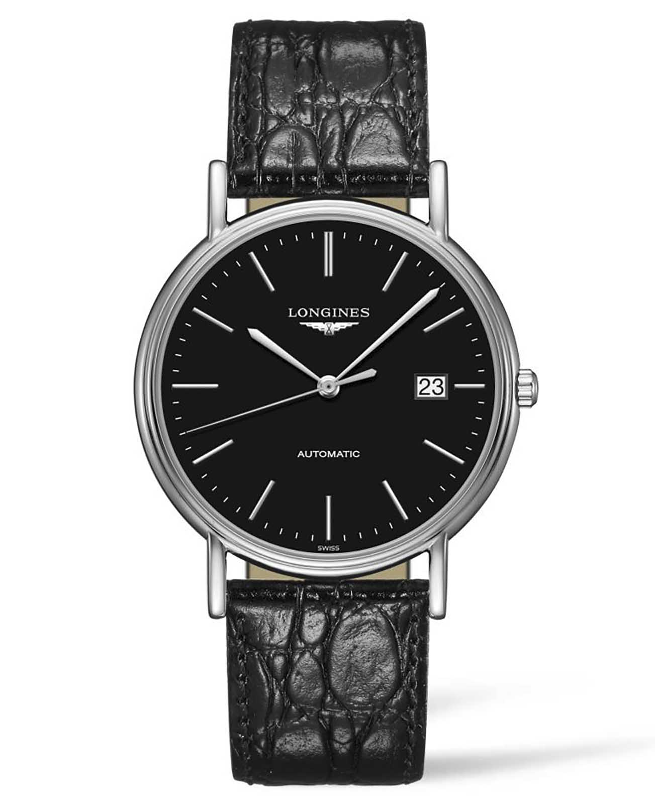 Longines Longines Presence L4.921.4.52.2  L49214522 механические мужские часы черный циферблат, браслет кожаный — вид спереди